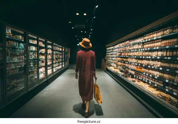 Woman Shopping in a Grocery Store at Night