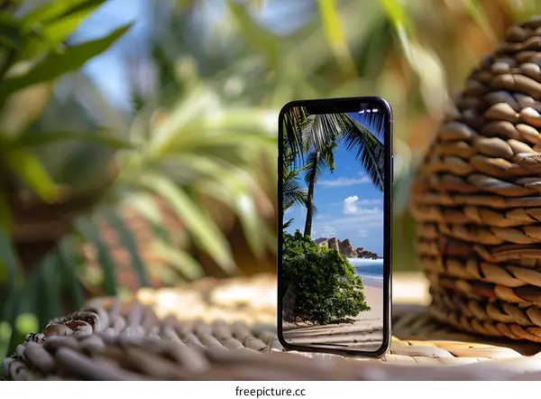 Smartphone Screen Displaying Tropical Beach Scene
