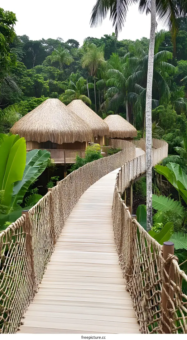 Wooden Bridge Pathway Through Lush Tropical Jungle Canopy