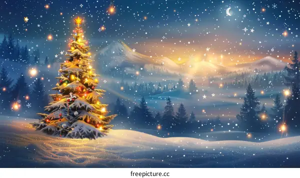Snowy Christmas Tree with Sparkling Lights