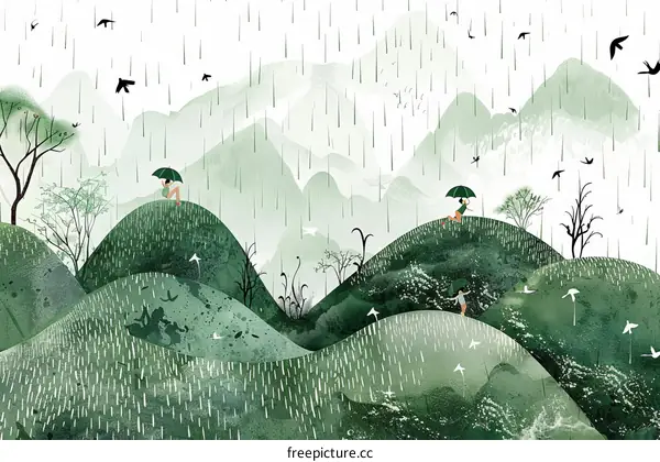 Three women in green clothes are playing in the rain on the green hills