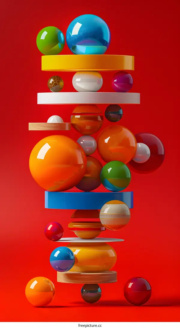 3D spheres of various sizes and colors stacked vertically against a red background