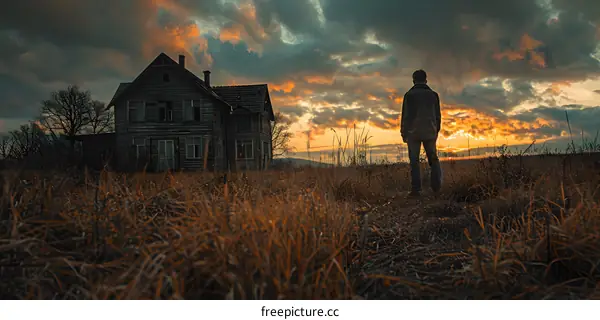 man standing in front of abandoned house at sunset