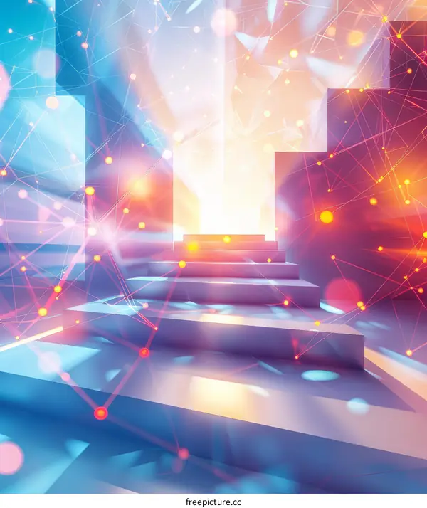 Abstract 3D rendering of a futuristic staircase leading up to a glowing portal with a bright light at the end