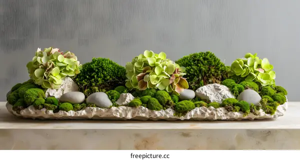 Green Moss and Stone Arrangement in a White Container