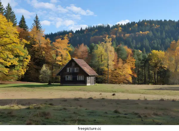 Wooden cabin in autumn forest