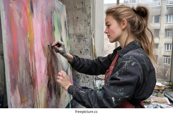 Young Woman Artist Painting Abstract Art in Studio