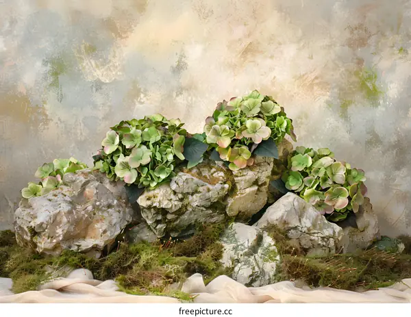 Green Hydrangea Flowers On Rocks With Moss