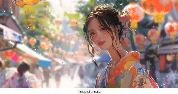 An Asian woman in a kimono standing in a street with a blurred background