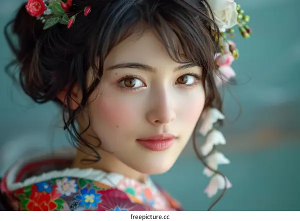 portrait of a beautiful asian woman in traditional japanese kimono with flowers in her hair