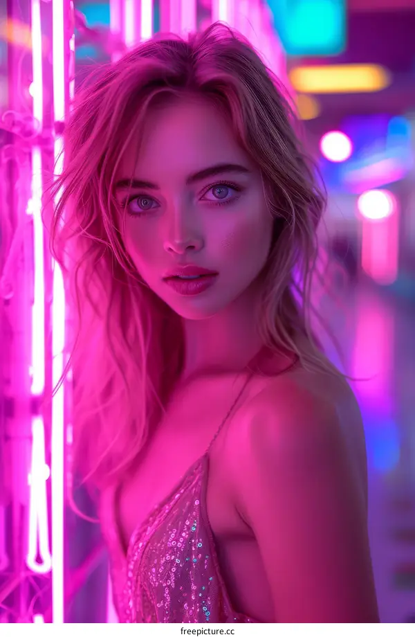 Portrait of a young woman with blonde hair and blue eyes standing in front of a pink neon background