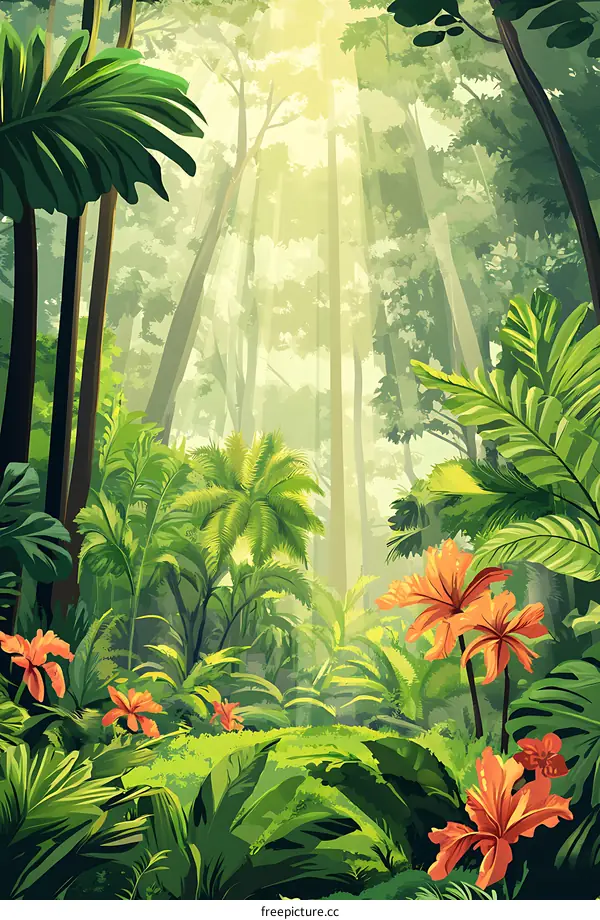 Lush Tropical Rainforest Landscape with Sunlight