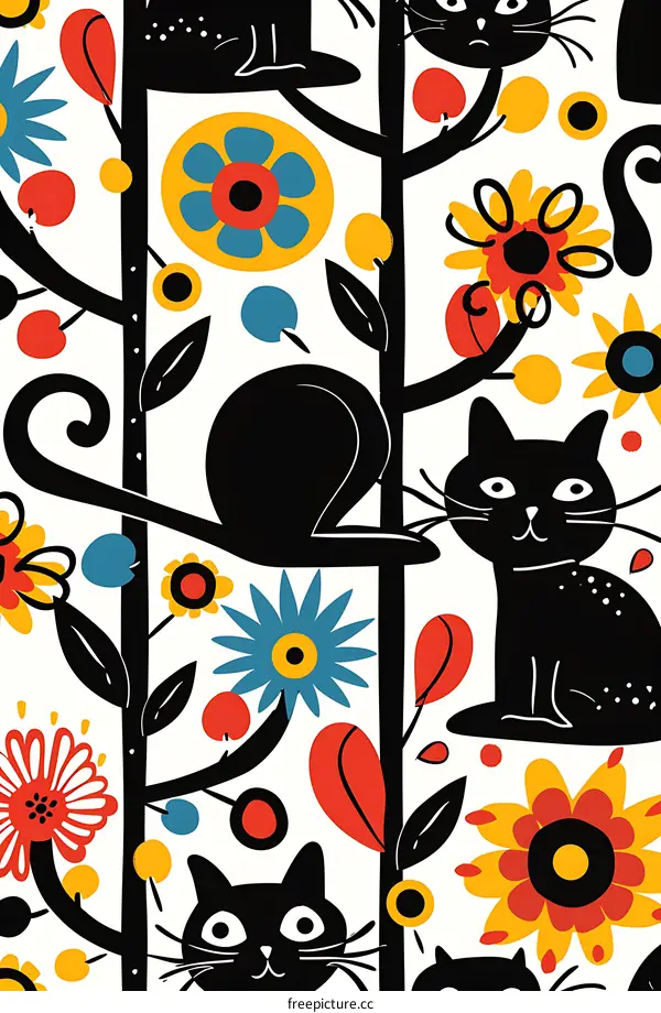Black Cats and Colorful Flowers Seamless Pattern