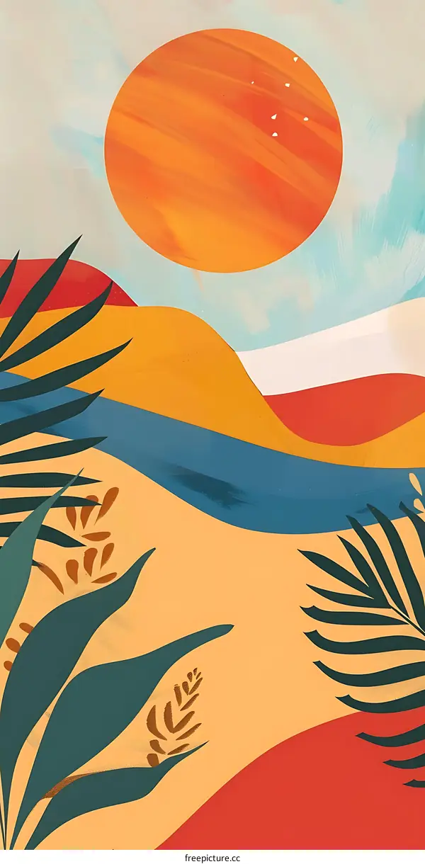 Abstract Landscape Painting With Palm Leaves and Sun