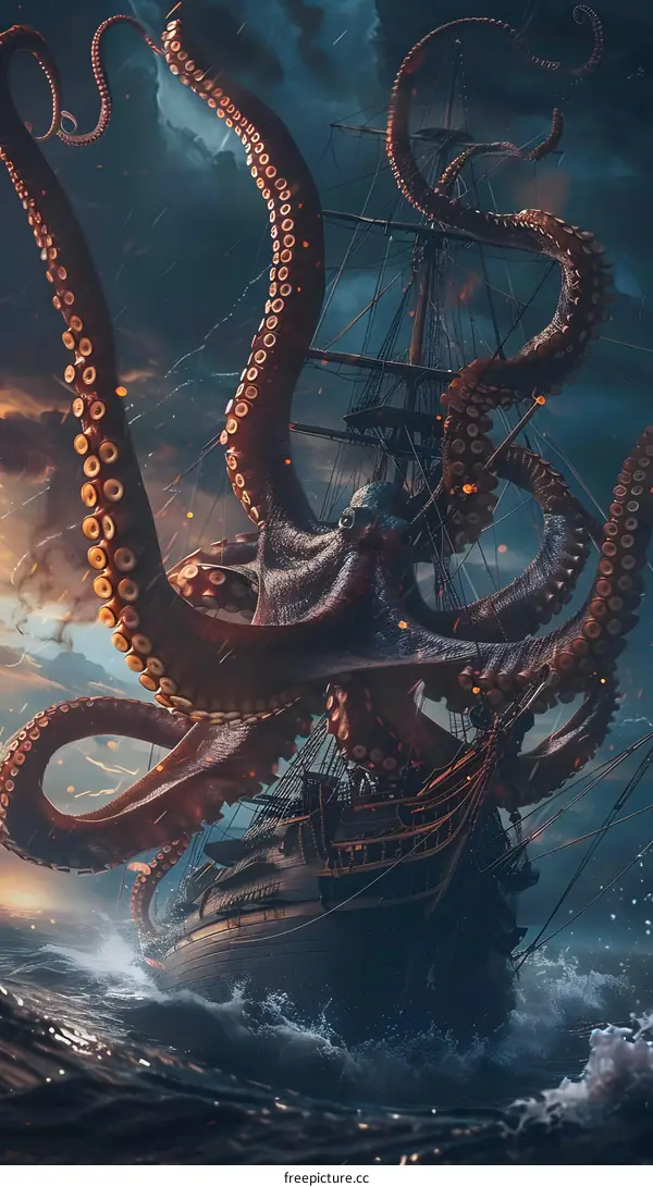 Sea Monster Attacking Ship at Sea