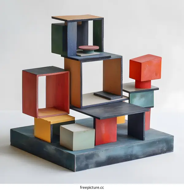 Abstract Wooden Sculpture of Colorful Geometric Shapes