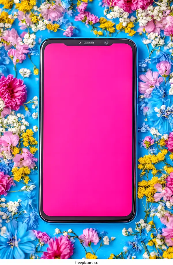Pink Screen Smartphone on Blue Background with Flowers