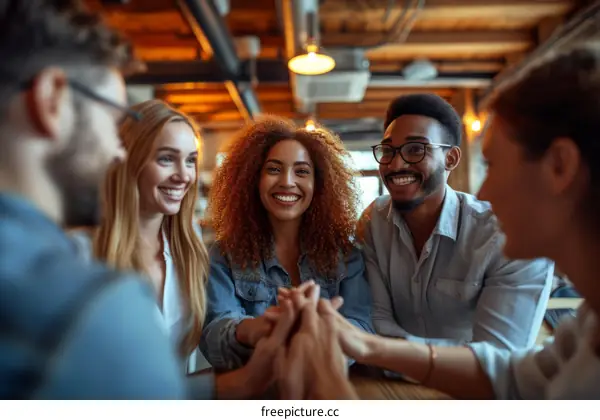 Multiethnic group of friends sitting at a table in a cafe