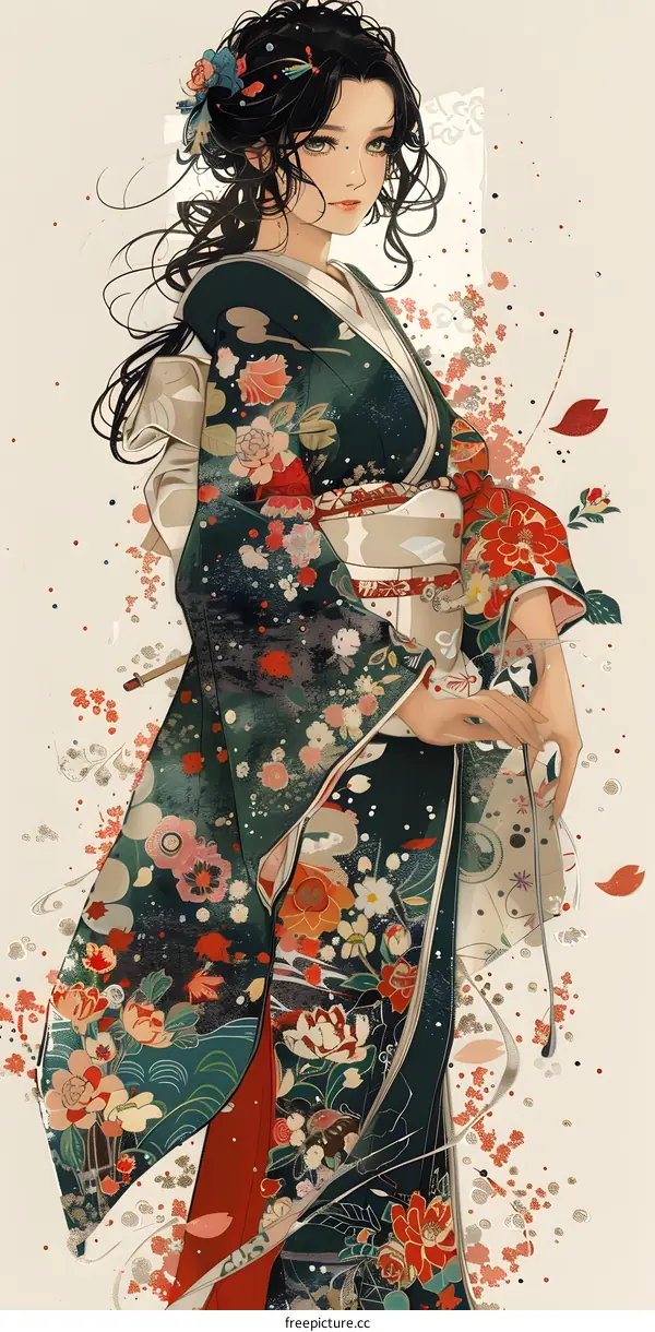 An illustration of a woman wearing a kimono with a floral pattern and holding a sword.