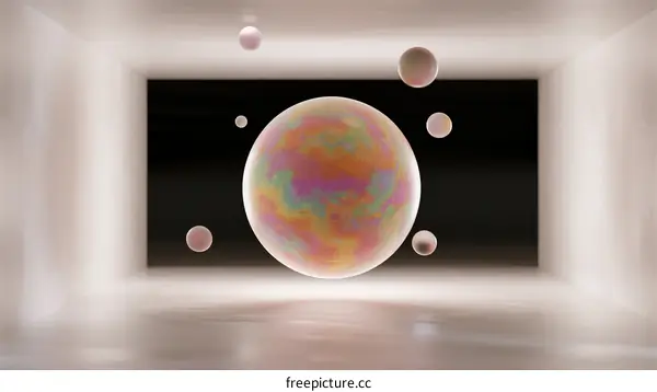 Abstract Digital Art with Floating Colorful Planets in White Room