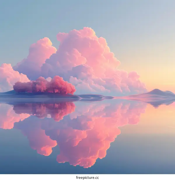 A Pink Cloud Reflected on the Lake with a Cherry Tree Island
