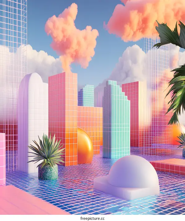 Digital Art of Geometric Cityscape with Pink Clouds