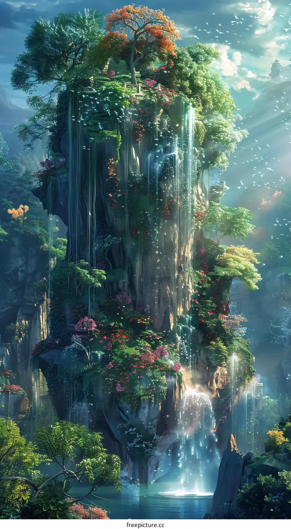Fantasy Landscape with Floating Rocks and Cascading Waterfalls