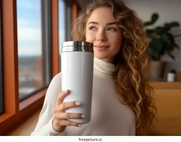 A young woman with curly hair is holding a white travel mug and looking out the window.