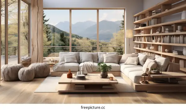 Modern living room interior with large windows and beautiful mountain views