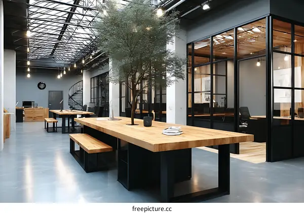 Modern Open Plan Office Space with Wooden Furniture