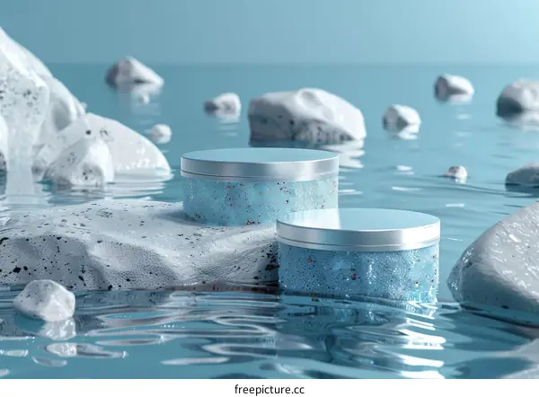 Cosmetic Product Display on Ice-like Rocks in Water