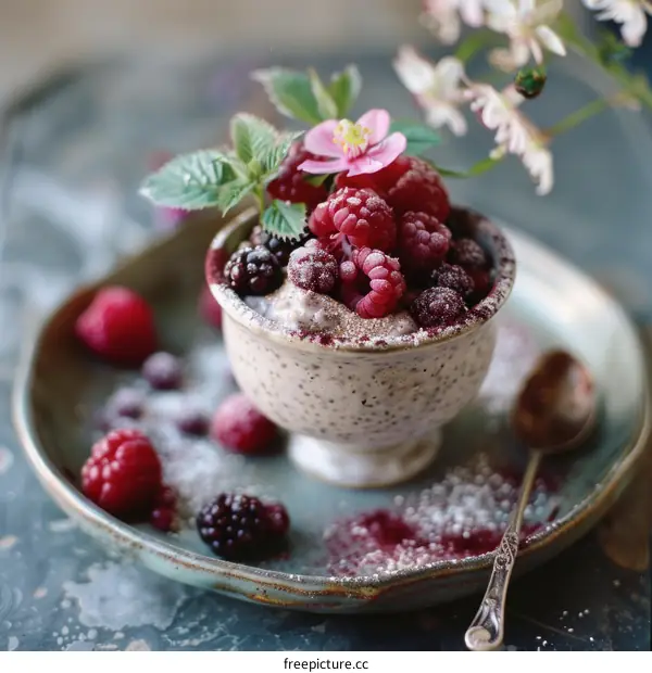A bowl of berries and cream with flowers on top
