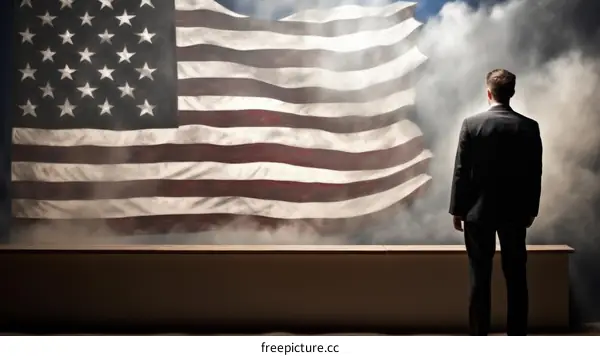 Man Standing on Rooftop Gazing at American Flag Waving in Wind