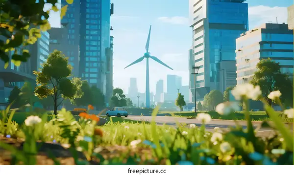 Modern Cityscape with Wind Turbine and Lush Greenery