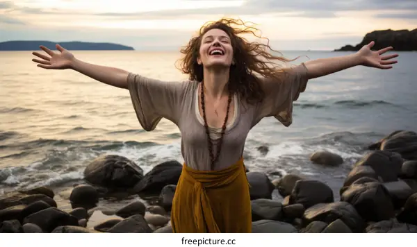 carefree woman standing on rocky beach with arms outstretched