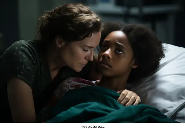 A worried mother comforts her sick child in a hospital bed