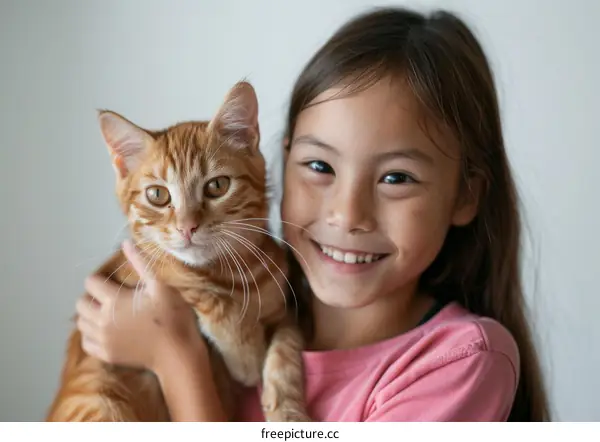 A young girl is hugging an orange cat