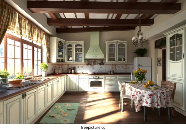 Country Style Kitchen with Wooden Beams and Floral Rug