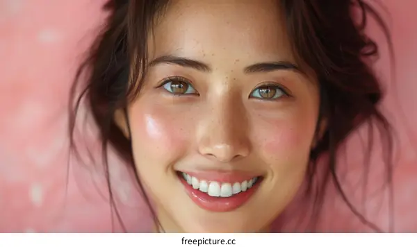 Portrait of a young Asian woman with freckles smiling