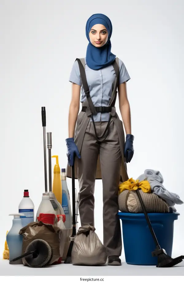 Middle Eastern woman in headscarf with cleaning supplies
