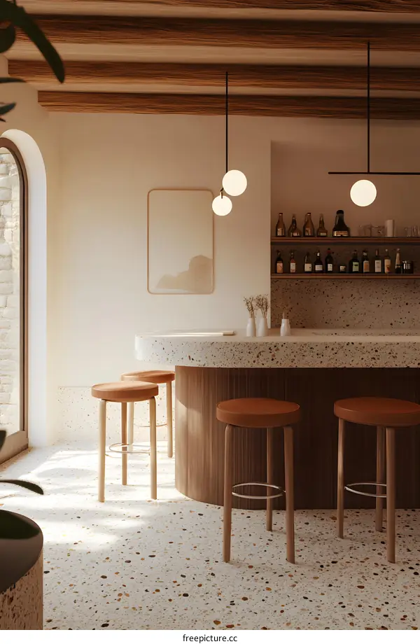 Minimalist Interior Design with Wooden Beams and Terrazzo Flooring