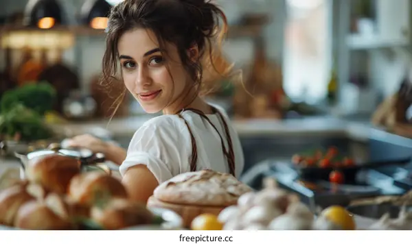 Portrait of a beautiful young woman standing in a kitchen and looking over her shoulder at the camera.