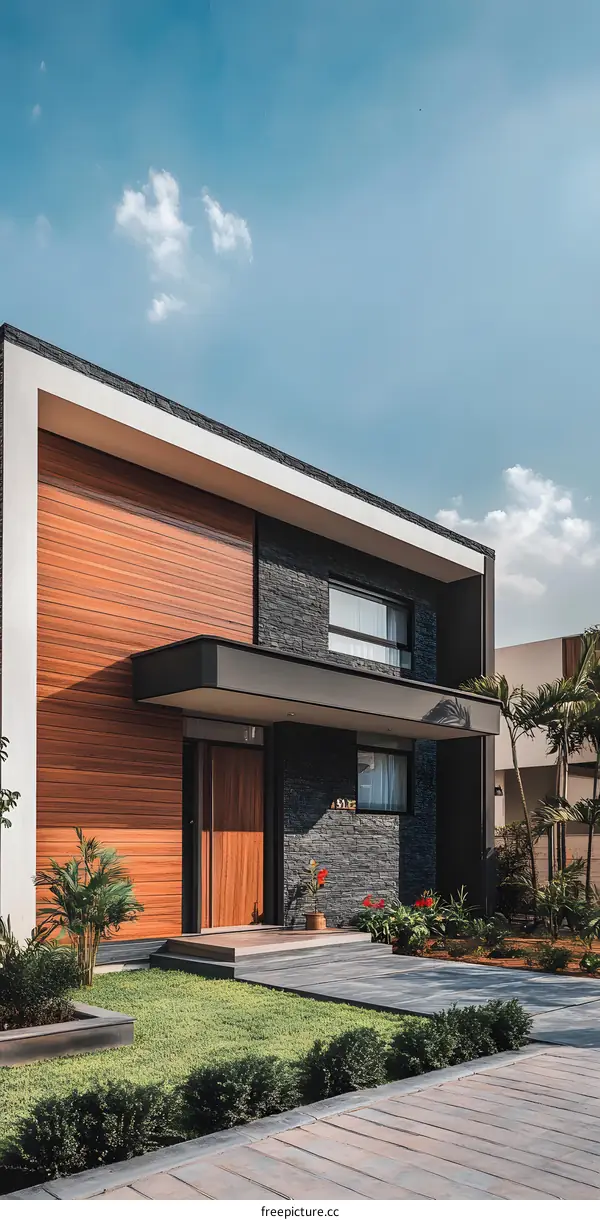 Modern Home with Wooden Siding and Stone Facade