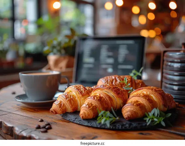 Laptop and croissants on a wooden table in a cafe