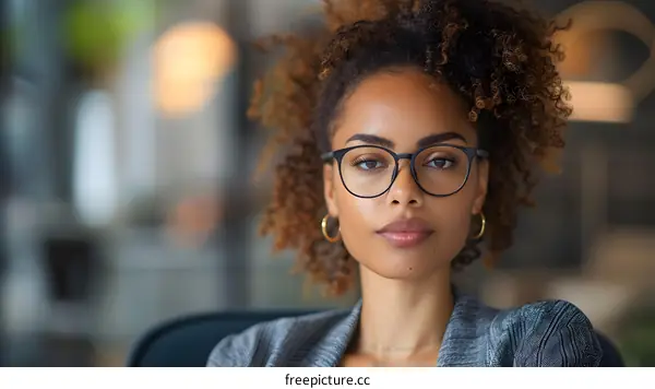 portrait of a young woman with curly hair wearing glasses