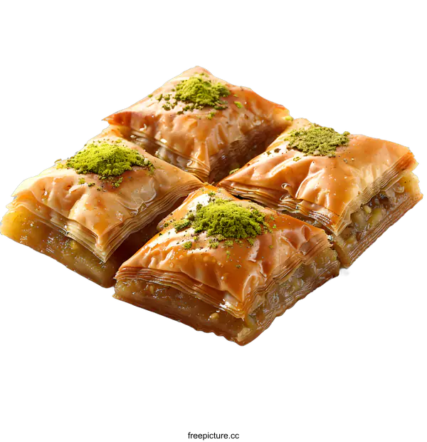 [Transparent Background PNG]Four Pieces of Baklava Pastry with Pistachios
