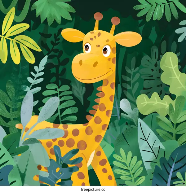 Cute Giraffe Cartoon Character Illustration In Jungle