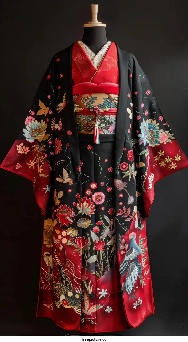 A kimono with a pattern of flowers and birds