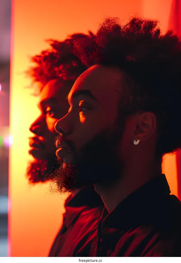 Two men with afro hair and beard in red light