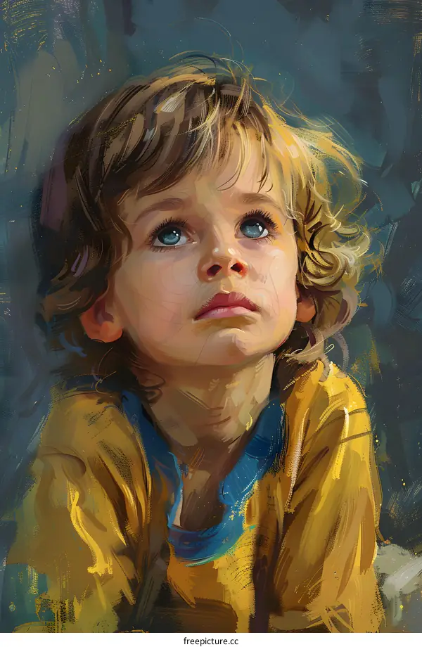 An illustration of a young boy with curly blond hair and blue eyes looking up